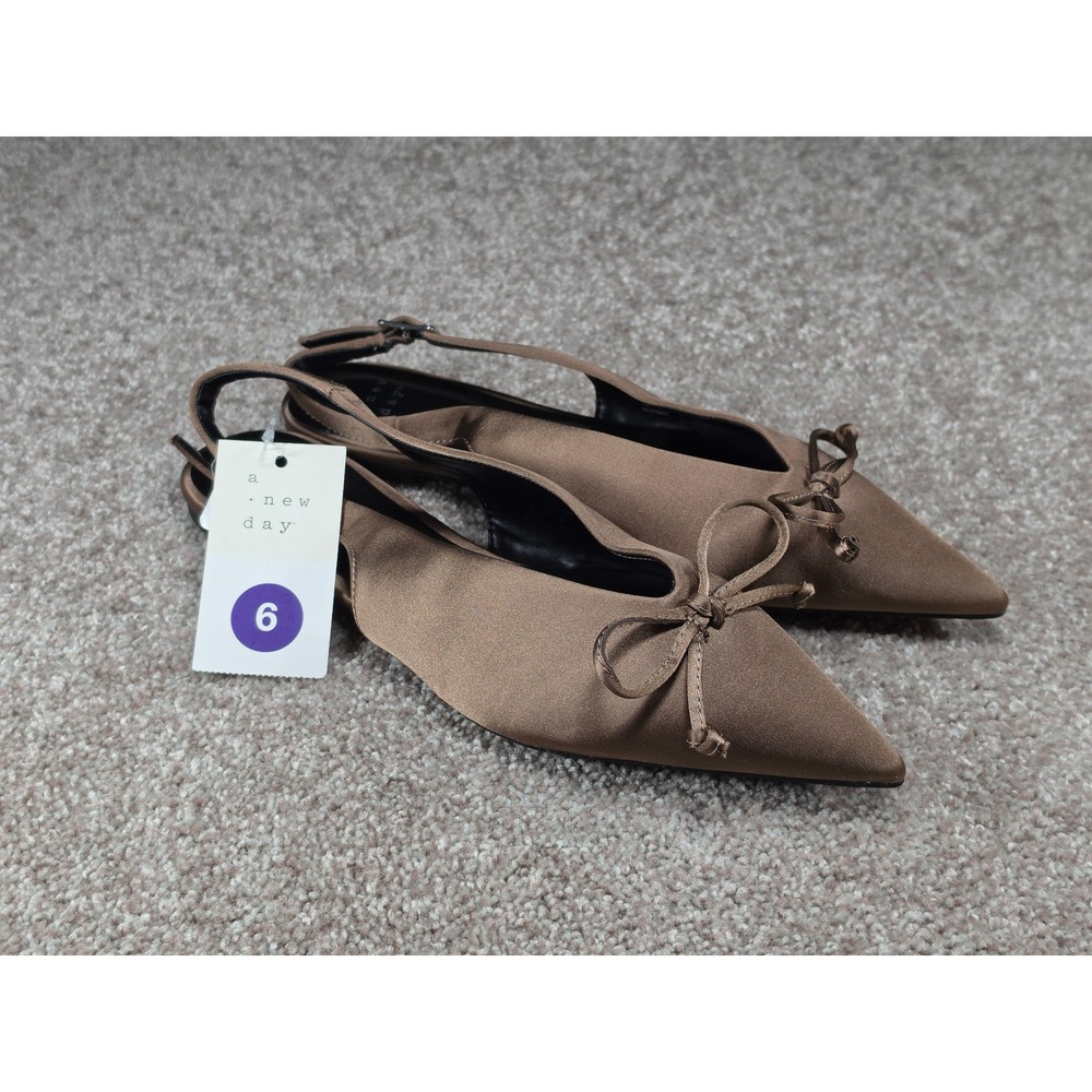 A New Day Camille Taupe Satin Pointed Toe Slingback Bow Flats Womens 6